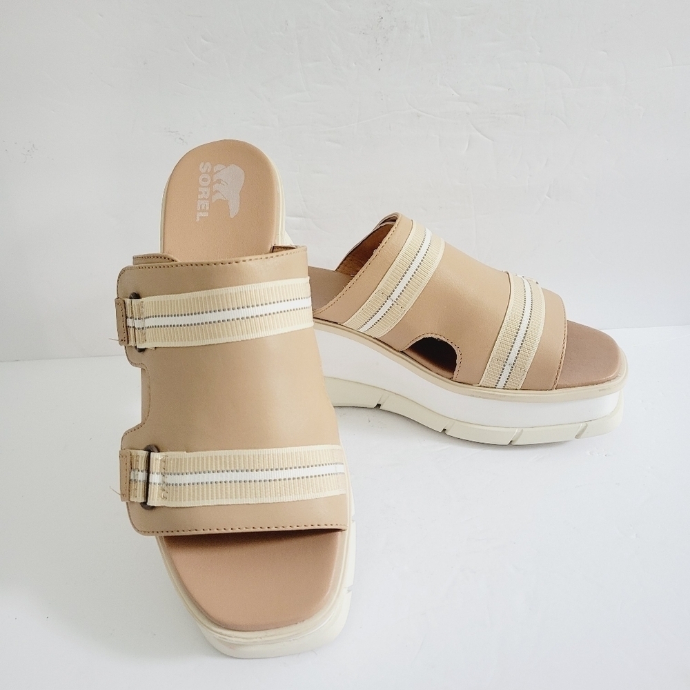 New Sorel Joanie Slip-On Platform Wedge Slide Beige Sandals, Size 9,5